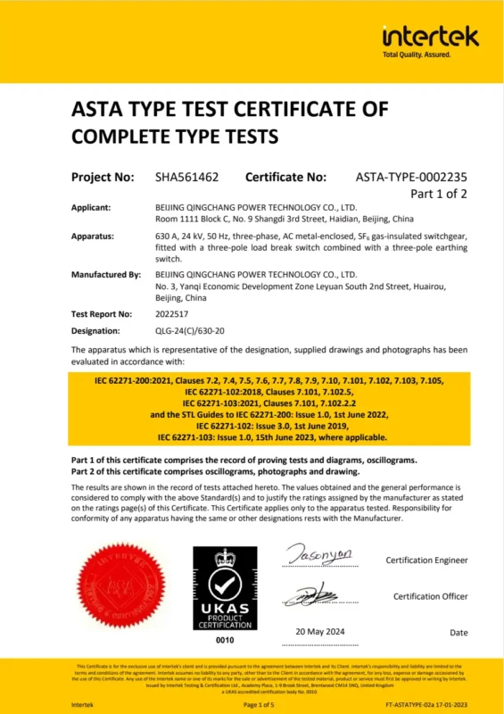 Intertek ASTA Type Test Certificate of Complete Type Tests for 24kV 630A three-phase SF6 gas-insulated switchgear fitted with a load break switch, model QLG-24(C), IEC 62271-200 compliant.